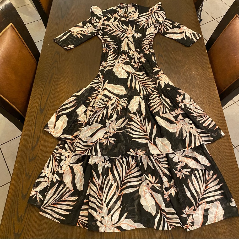 House of Lancry Black Orange Floral Print Sheer Ruffle Maxi Dress Size Small